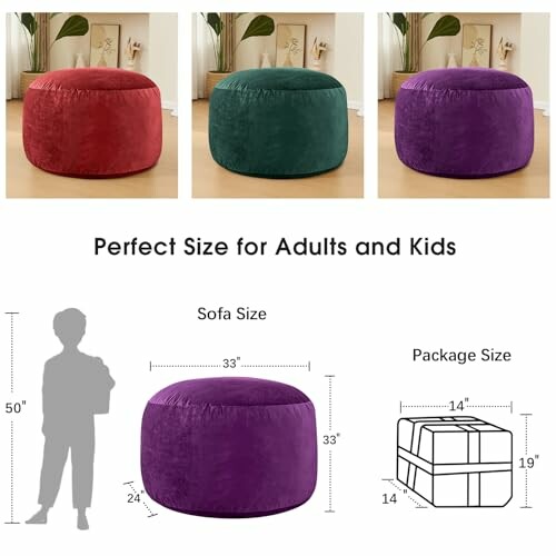 Three bean bag chairs in red, green, and purple with size guide for adults and kids.