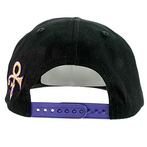 Back view of a black baseball cap with purple adjustable strap and logo.