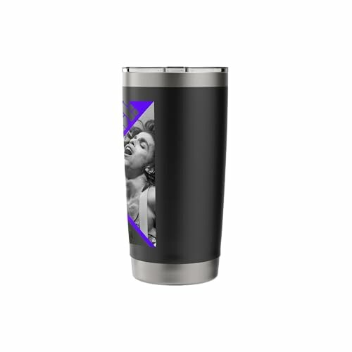 Black tumbler with printed photo and purple accents, showcasing the tumbler's unique design