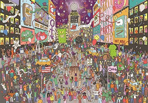 Colorful illustration of a crowded Times Square New Year 2000 celebration with diverse characters and vibrant signs.