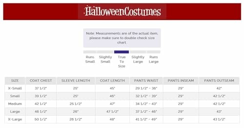 Halloween costumes size chart with measurements for various sizes.