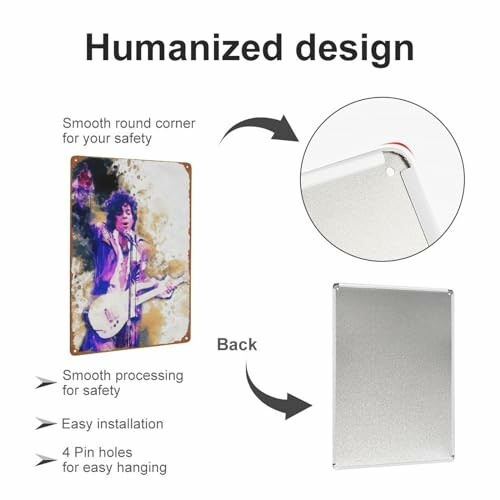 Metal sign with humanized design featuring smooth round corners and easy installation