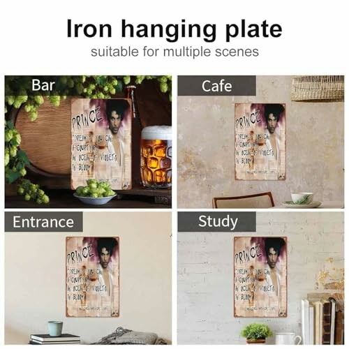 Iron hanging plate displayed in bar, cafe, entrance, and study settings.