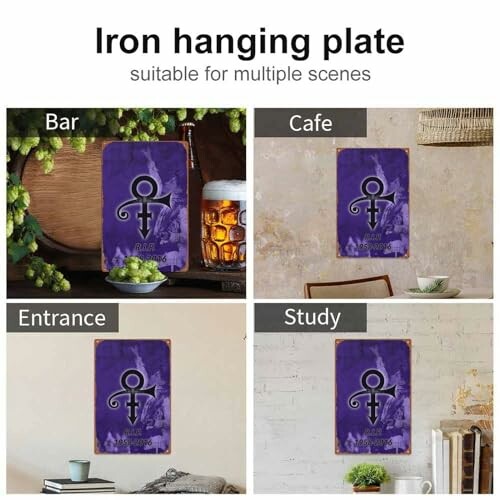 Iron hanging plate displayed in bar, cafe, entrance, and study settings.