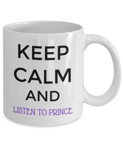 White mug with 'Keep Calm and Listen to Prince' text