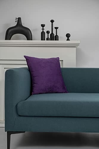 Teal sofa with purple pillow and decorative black objects on shelf, showcasing the pillow in a living space