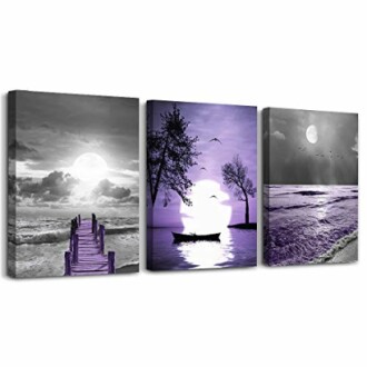 Triptych of moonlit seascapes with pier, boat, and ocean.