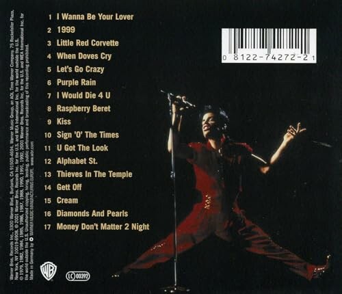 Back cover of a Prince album showing a tracklist and Prince performing on stage.