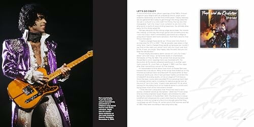 Prince in a purple costume playing guitar with text description.