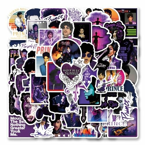 A collage of Prince-themed stickers with Purple Rain motifs.