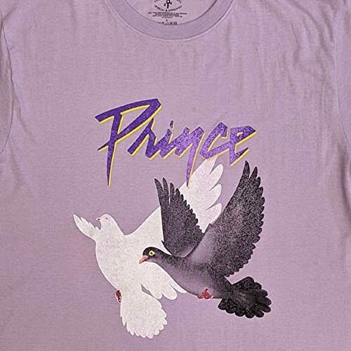 Purple shirt with Prince logo and two doves.