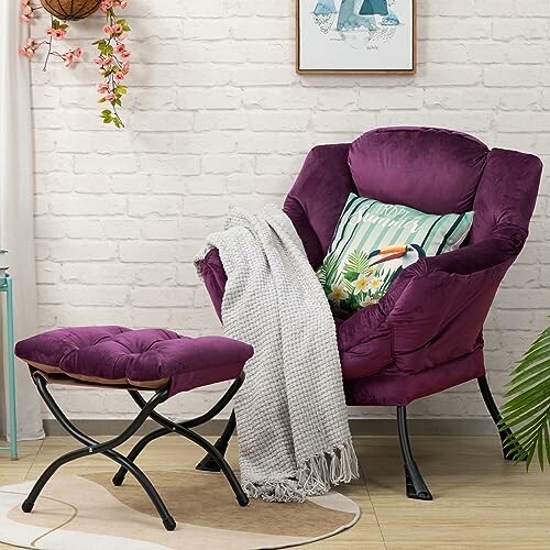 Purple accent chair with ottoman and blanket in cozy room.