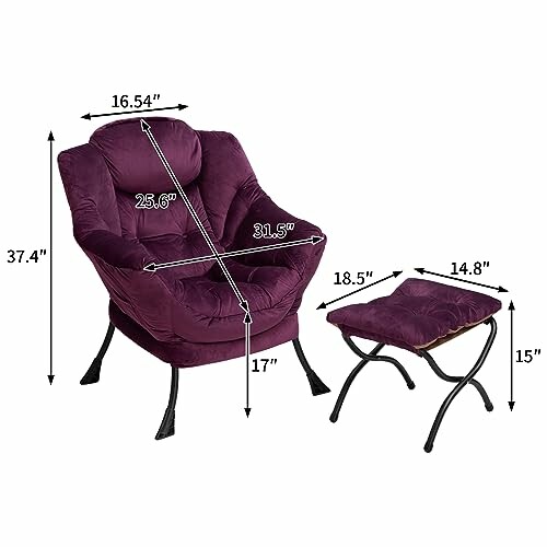 Purple armchair with ottoman and dimensions labeled.