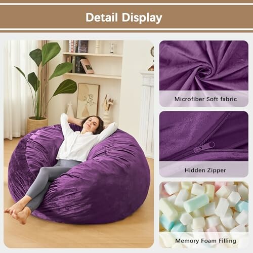 Woman relaxing on a large purple bean bag chair with microfiber soft fabric.