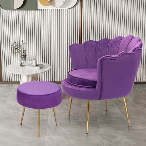 Purple chair with matching ottoman and small white table.