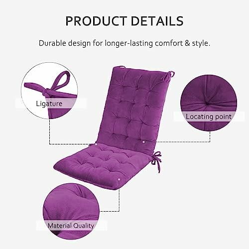 Purple cushion with ligature, locating point, and material quality details.