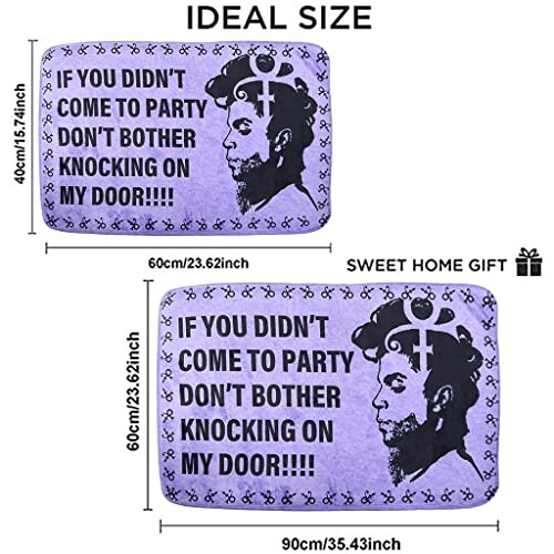 Purple door mat with silhouette and text about partying.