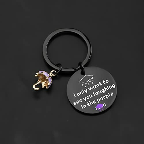 Keychain with purple elephant and quote about laughter.