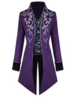 Purple coat with white embroidery and a patterned vest