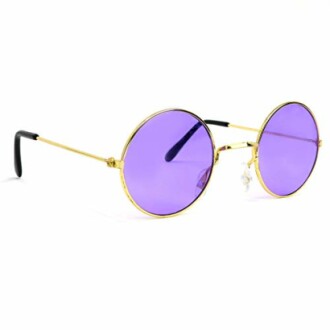 Round sunglasses with purple lenses and gold frames.