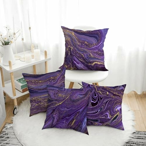 Purple marble-patterned cushion covers on chairs and floor.