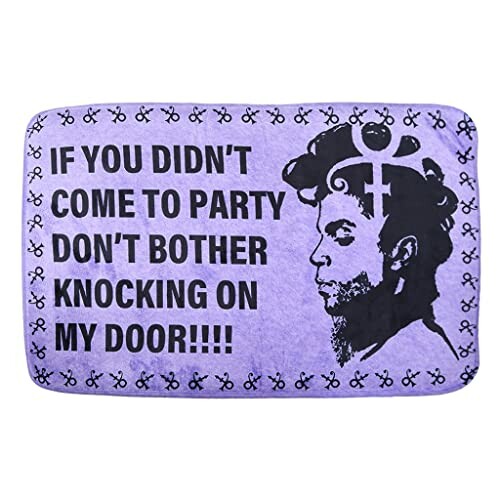 Purple doormat with message 'If you didn't come to party don't bother knocking on my door' and silhouette design.