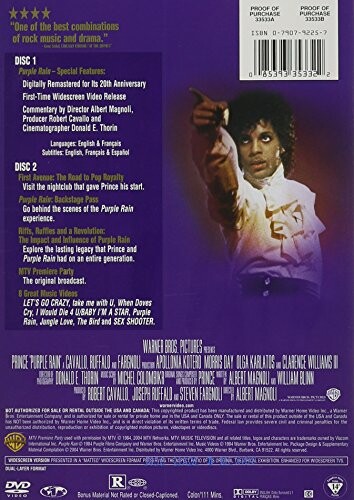 Back cover of Purple Rain DVD with text and images.