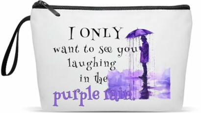 White pouch with a quote about purple rain and a silhouette holding an umbrella.