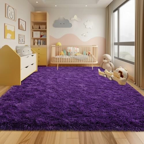 Nursery room with purple rug, crib, and toys.