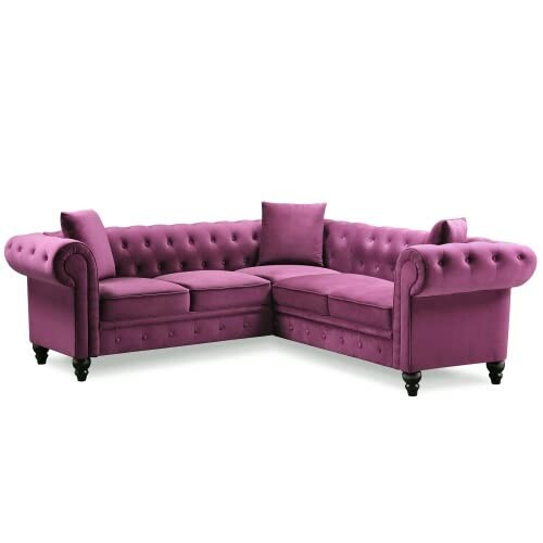 Purple velvet sectional sofa with tufted design and cushions