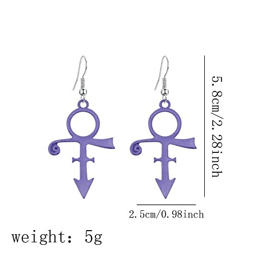 Purple symbol earrings with dimensions and weight.