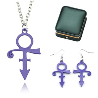 Purple symbol necklace and earrings with gift box.