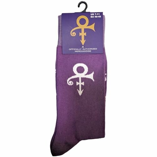 Purple socks with a white symbol and official merchandise tag.