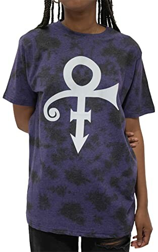 Person wearing a purple t-shirt with a large white symbol on the front.