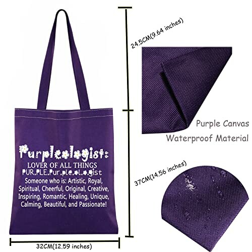 Purple tote bag with words and dimensions.