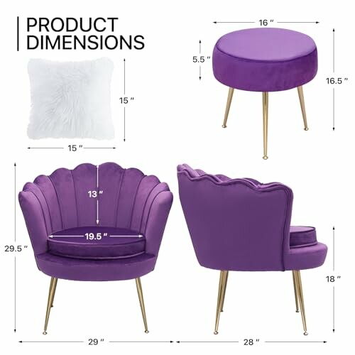 Purple velvet chair and stool with dimensions labeled.