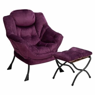 Purple velvet chair with matching ottoman.