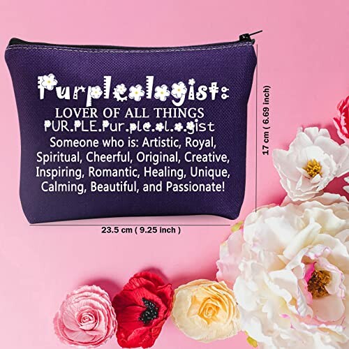 Purple pouch with text about being a lover of all things purple, surrounded by flowers.