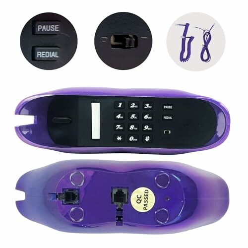 Retro purple cordless phone with buttons and connectors.