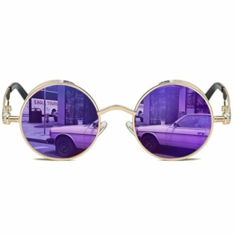 Round sunglasses with purple lenses reflecting a street view.