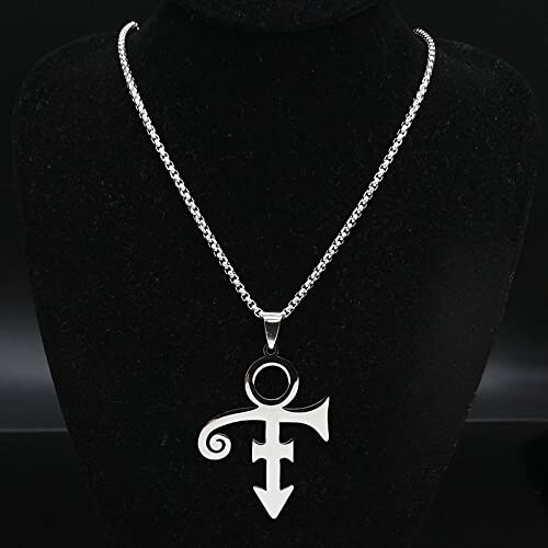 Silver necklace with unique symbol pendant on black display