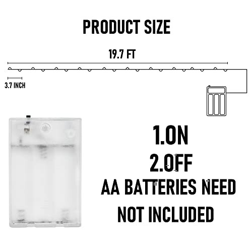 Diagram showing string light size and battery pack details