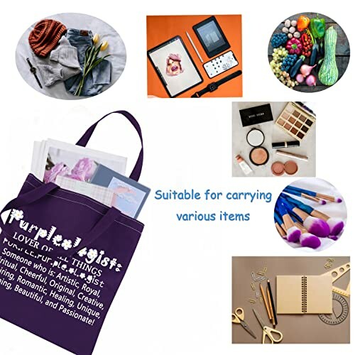 Purple tote bag with various items like books, makeup, and groceries.