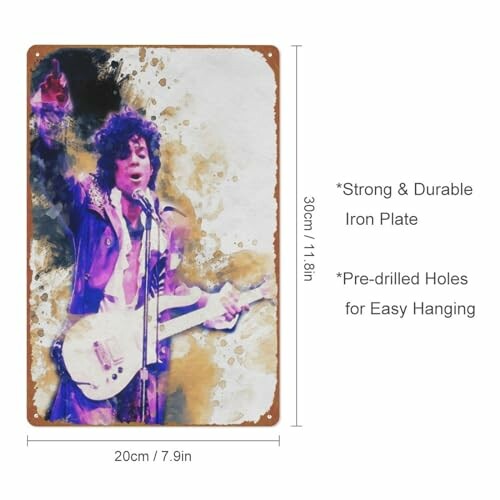 Vintage metal sign with a guitarist showcasing dimensions of 12 x 8 inches