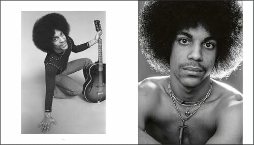 Black and white portraits of a musician with an afro and guitar.