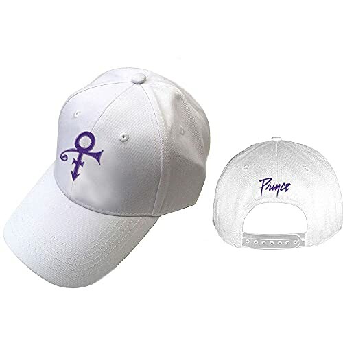 White baseball cap with purple symbol and signature design.