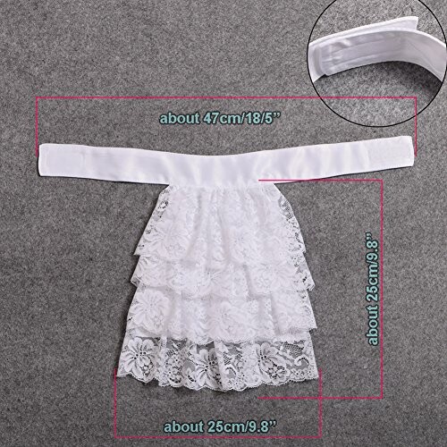 White lace apron with layered ruffles and dimensions.