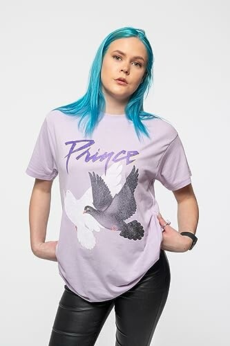 Person with blue hair wearing a Prince t-shirt featuring doves