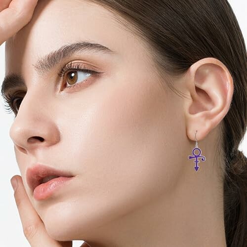 Woman wearing a purple symbol earring