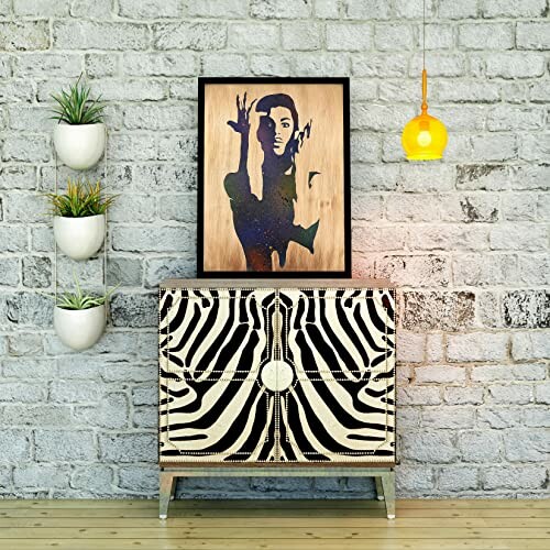 Zebra print cabinet with abstract wall art and hanging plants